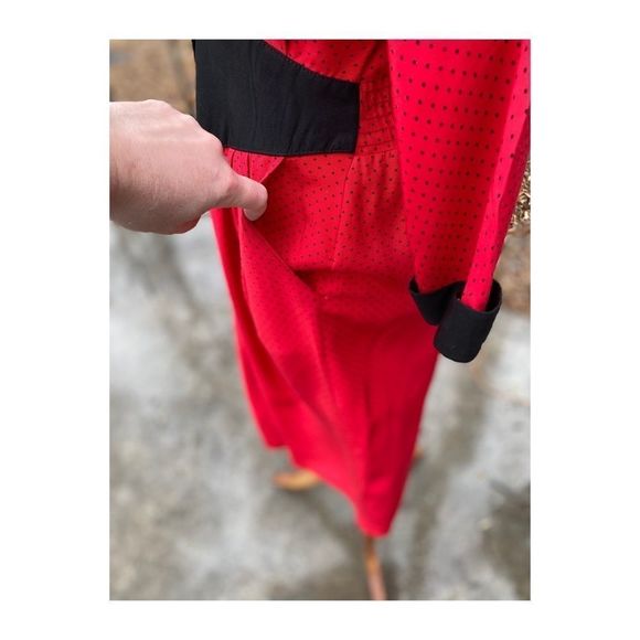 Vtg 80s Batwing A Line Dress Red Black Polkadot - Picture 12 of 16